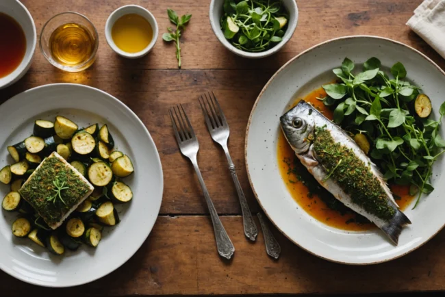 Délice de poisson en croûte aux herbes avec courgettes rôties parfumées