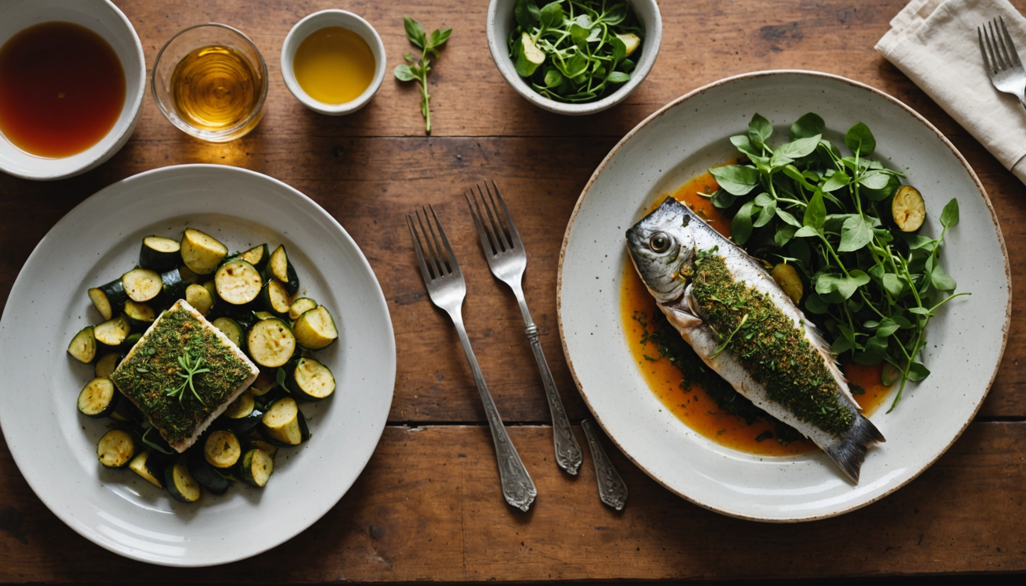 Délice de poisson en croûte aux herbes avec courgettes rôties parfumées
